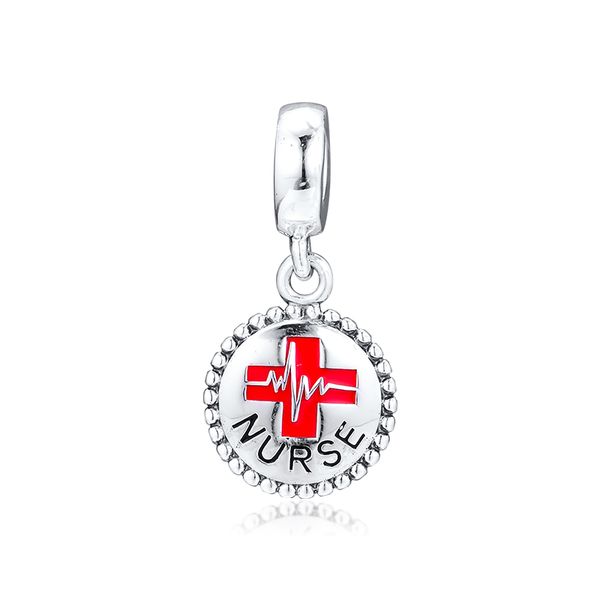 

100% 925 sterling silver red enamel nurse dangle charms bead fits pandora style bracelets necklaces for pendant jewelry diy making for women, Bronze;silver