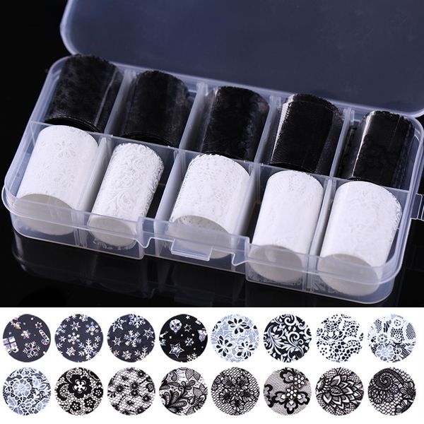 

10 rolls/box holographic nail foils sticker laser starry sky black white lace mixed manicure diy nail sticker decoration