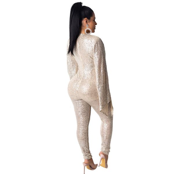

black mesh sheer sequin jumpsuit women v-neck flare sleeve sparkly jumpsuits glitter night club party romper overalls femme, Black;white