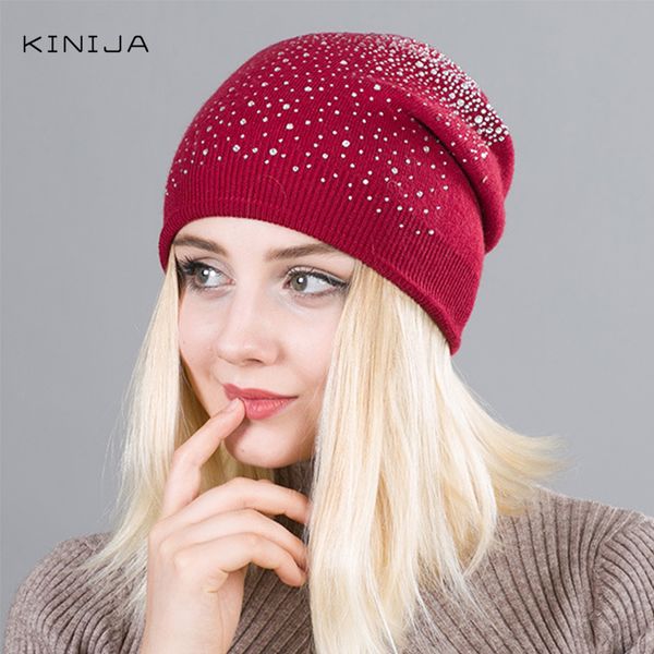 

european and american popular winter double-layer thickened knitted warm women's hat water drill wool bean drill diamond hat, Blue;gray