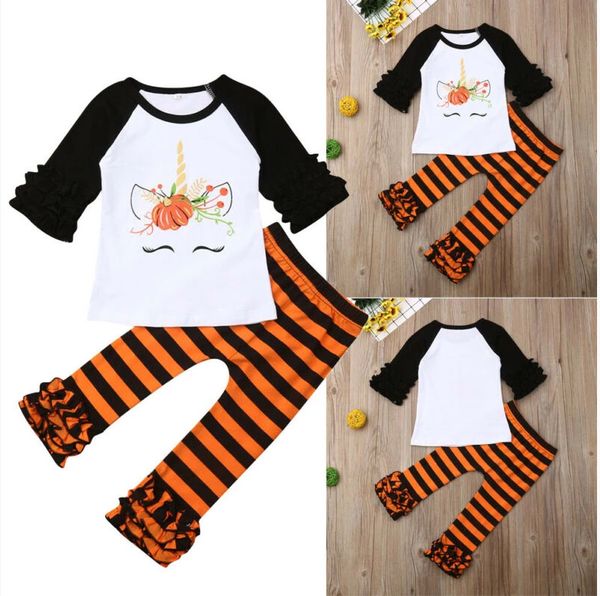 

2pcs toddler kids girls halloween outfits unicorn ruffled long sleeve striped pumpkin legging pants clothes set, White