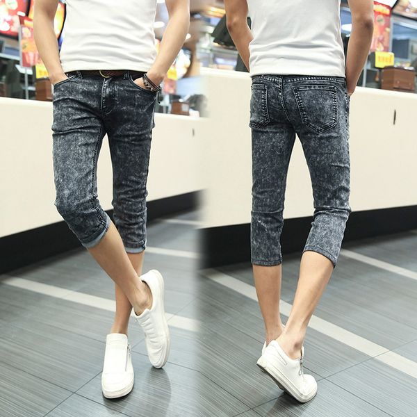 

fashion 2019 summer casual youth skinny capri jeans men hip hop students foot grey stretch teenagers breeches slim fit pants, Blue