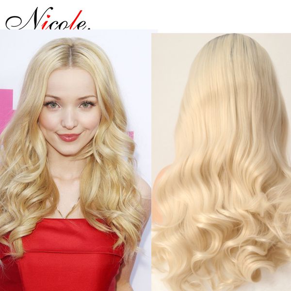 

nicole blonde color 24 inches body wave soft long hair synthetic wigs middle part heat resistant fiber party/daily full wig ing, Black