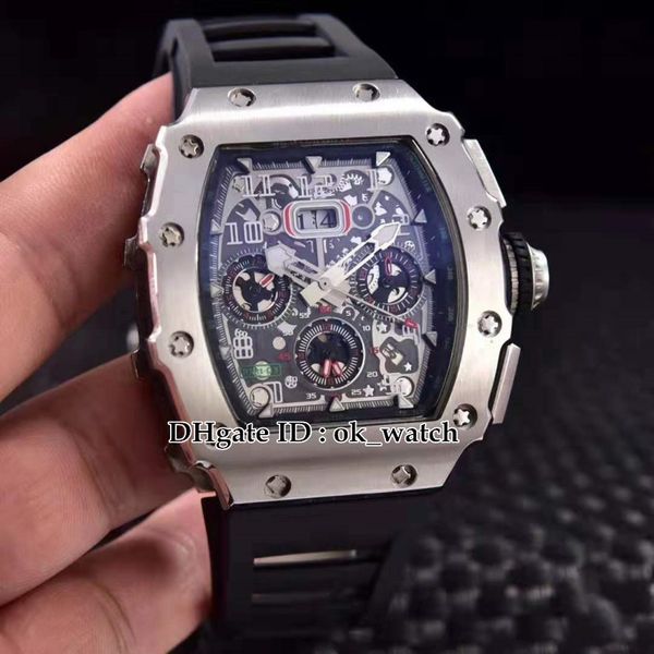 

новый 904l стальной корпус 11-03 flyback chrono skeleton dial miyota автоматические мужские часы черные резиновый ремешок часы идеальный под, Slivery;brown