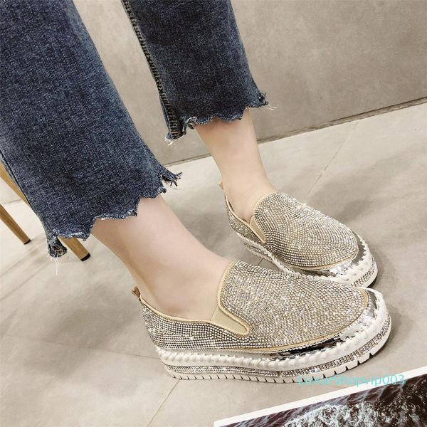 

2019 top fashion crystal loafers brand european espadrilles shoes woman leather creepers квартиры женские мокасины размер 5-8. 5 cvx1, Black