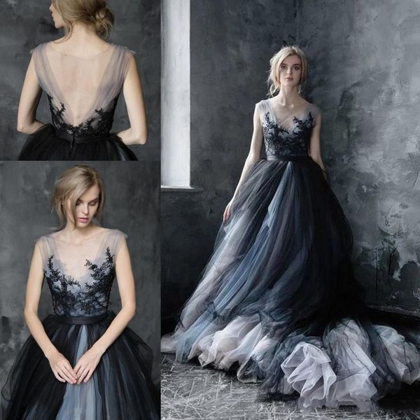 

vintage gothic a line wedding dresses tiers tulle bridal gown lace appliques sheer backless vestido de novia ink and wash style even wear, White