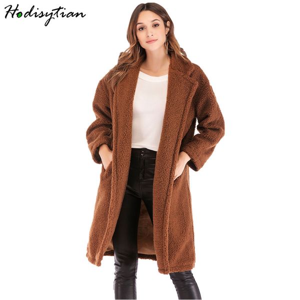 

hodisytian winter women faux lambswool trench coat blazer collar overcoat warm wool blends camel female hairly velvet outerwear, Black