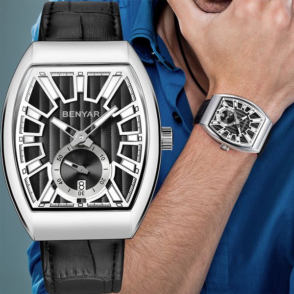 

benyar brand quartz leather mens watches sport wristwatch luxury business waterproof watch men relogio masculino, Slivery;brown