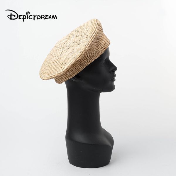 

new style ins spring summer 2019 hand-made crochet hook lafite straw weaving artist beanie women beret hat for sweet girl, Blue;gray