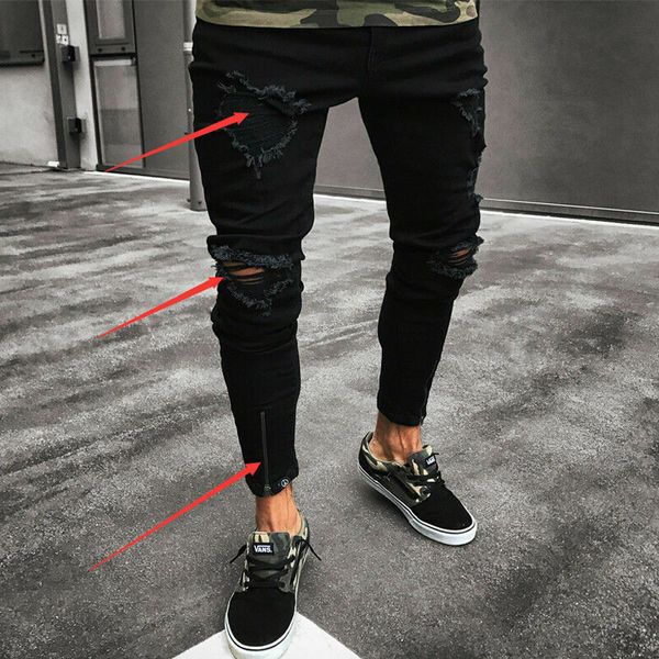 

details about men ripped skinny jeans stretch denim distressed frayed biker zipper trousers, Black