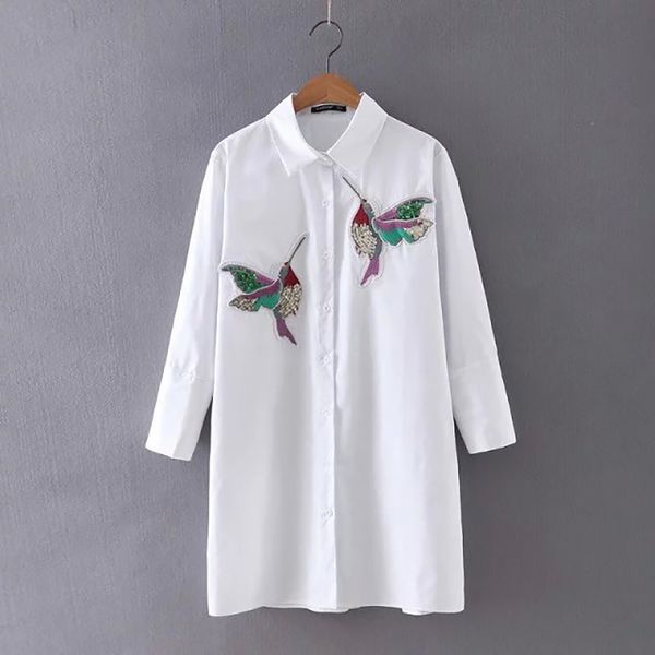 

hanyiren women bird embroidered blouse fashion long sleeve white turn down collar shirt women chemisier femme