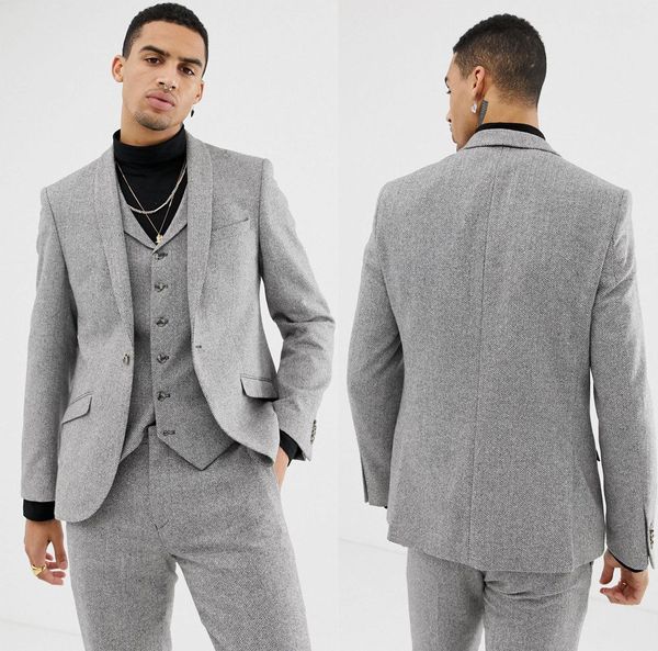 

men's light gray wedding tuxedos herringbone 3 piece suits wool vintage formal tailored fit boys suit (jacket + vest+ pants), Black;gray
