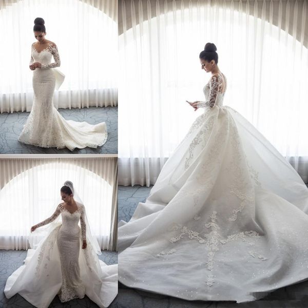 

2019 detachable train ivory wedding dresses church bridal sheer long sleeves jewel neck mermaid wedding gowns with big bow, White