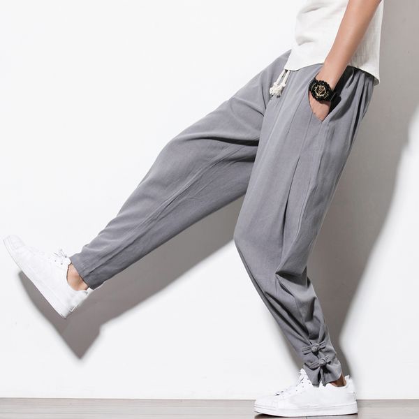 

chinese style spring buckle cotton and linen loose large size casual pants men's harem pants lightweight men's full length, Black