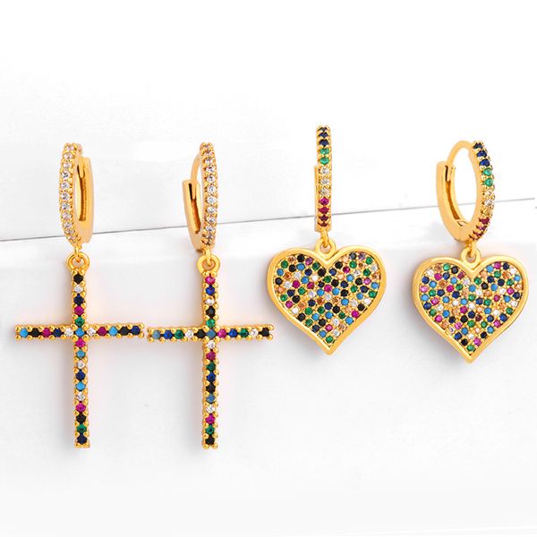 

rainbow gothic cross earrings gold tiny stud bar earrings colorful zirconia heart woman trendy jewelry ers-r30, Silver