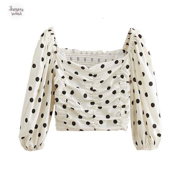 

polka dots блуза стиль полька dot slash рубашки шеи назад эластичный фонарь рукав короткий боковой молнии сладкий crop top da248, White