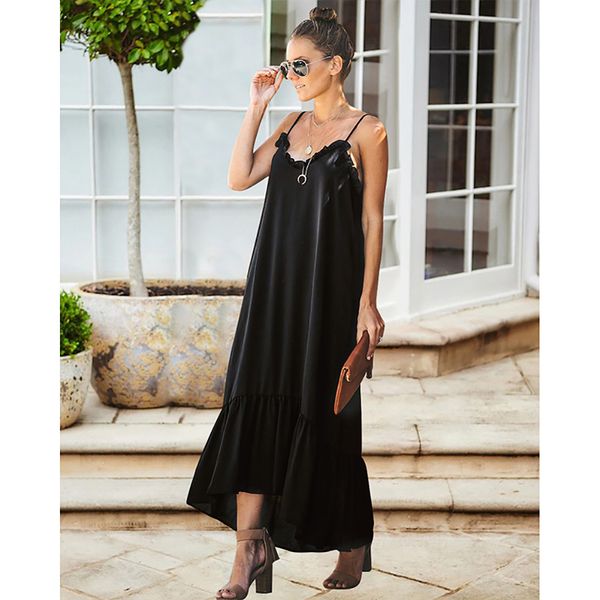 

Womens Summer Desinger Solid Color Maxi Dresses V Neck Sleeveless Knee Length Female Clothing Fashion Casual Apparel