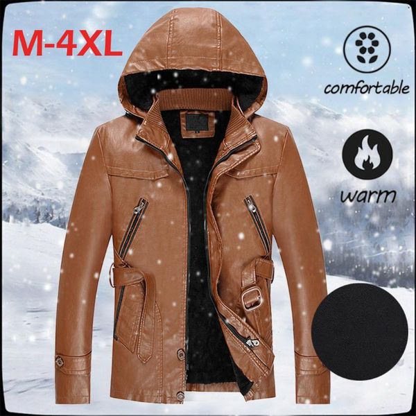 

мужчины зима кожа теплая куртка 2019 повседневная мужчины с капюшоном на молнии основные куртки пальто хаки мотоцикла куртка для плюс размер, Black;brown