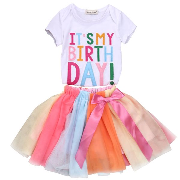 

it's my birthday children girls sets summer casual clothes short sleeve t-shirt +rainbow color skirts girls pretty outfits, White