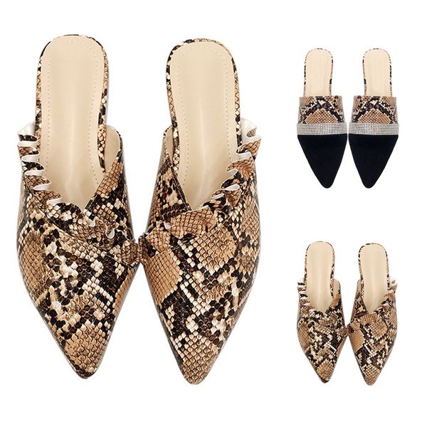 

women's ladies pointed toe flat shoes snake-effect leather slippers sandals, Black