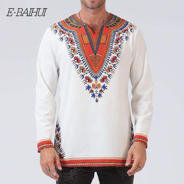 

e-baihui 2021 africa shirts men clothing spring social shirt african tranditional print v neck casual shirt men's slim fit long sleeve, White;black