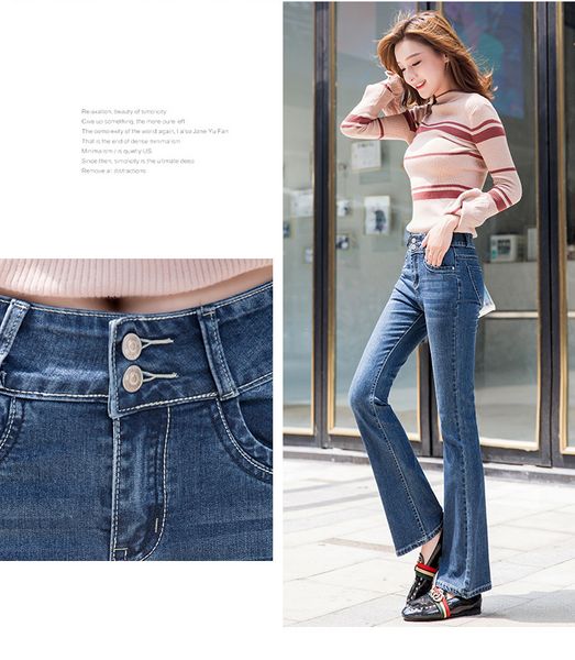 

dark blue spring new tall waist bootleg jeans show thin straight horn middle-aged and young female trousers loose pants in the summer