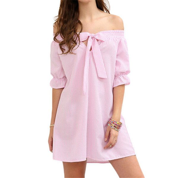 

women's off-shoulder striped short dresses cocktail party mini dress summer casual boho loose bowknot dresses sundress vestidos, Black;gray