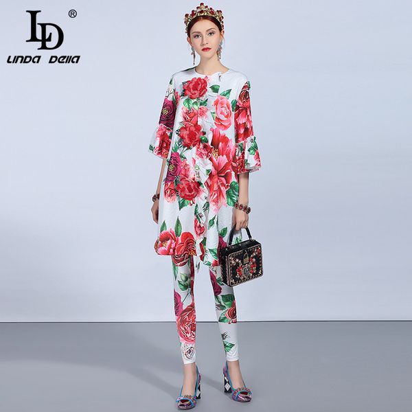 

ld linda della 2018 autumn fashion runway pants suit sets women's appliques floral print long pants suit two-pieces set, Gray