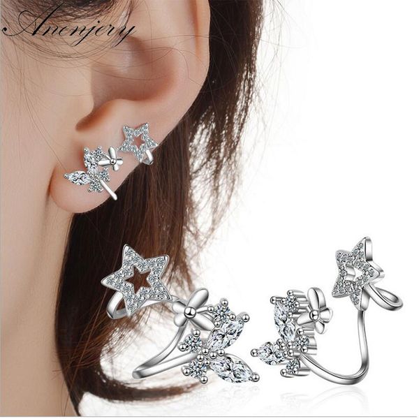 

anenjery 925 sterling silver butterfly star cz zircon stud earrings for women pendientes oorbellen boucle d'oreille gift s-e331, Golden;silver