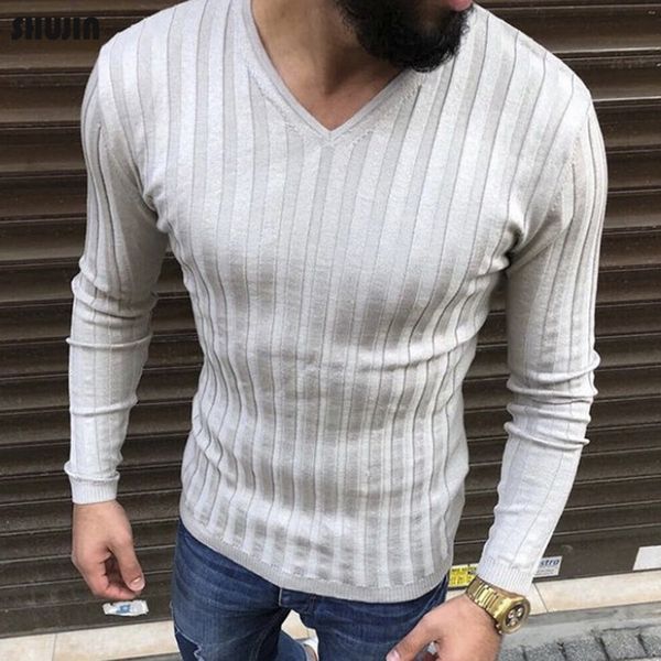

monerffi 2019 new mens warm casual sweater long sleeve striped fitness knitted sweaters pullover men clothes sweater solid, White;black