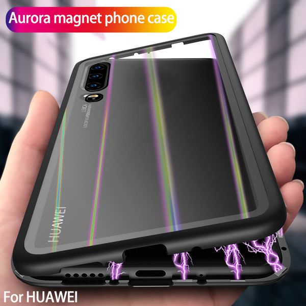 

for huawei p30 pro phone case aurora magnetic gradient case pc frame tempered glass back panel all-inclusive anti-fall protective cover