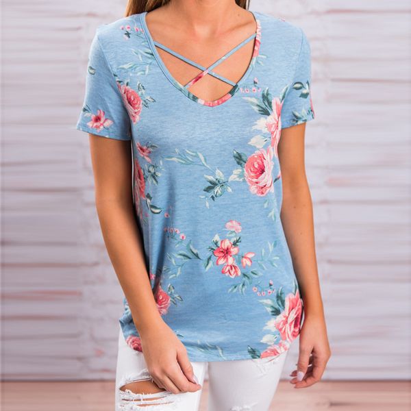 

t shirt 3xl 4xl 5xl v neck floral print short sleeve t shirt women 2019 summer casual tshirt, White