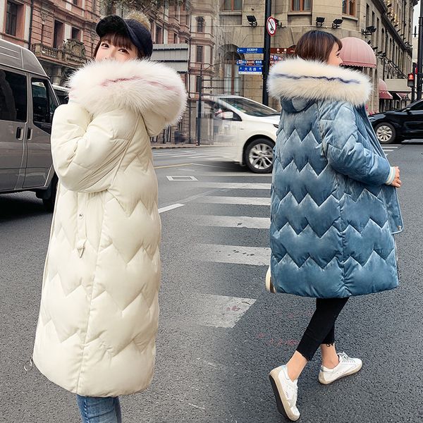 

new gold velvet cotton women's long section large size korean version of the loose thick down cotton pad women's jacket, Black