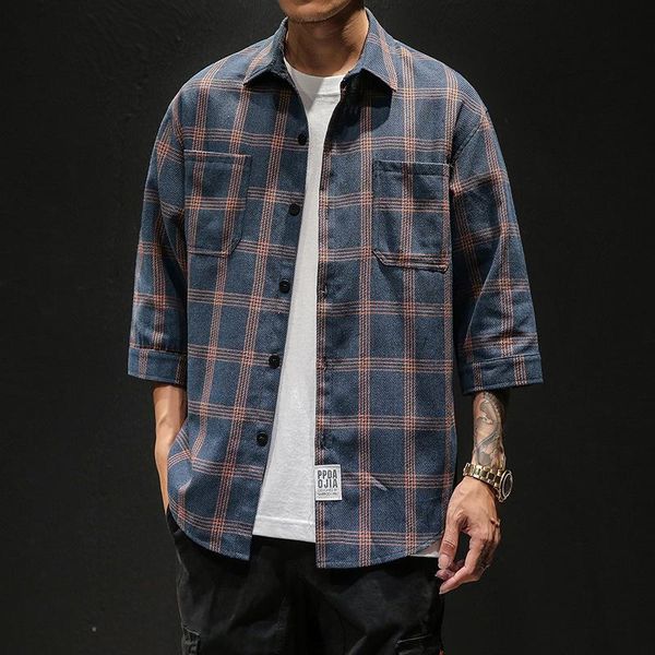 

casual mens three quarter shirt japanese streetwear plaid stripe korean shirt for men flannel vintage chemise men clothes