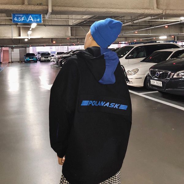 

2019 spring new style contrast color printed workwear coat men youth korean-style loose-fit hooded jacket trend clothes, Black;brown