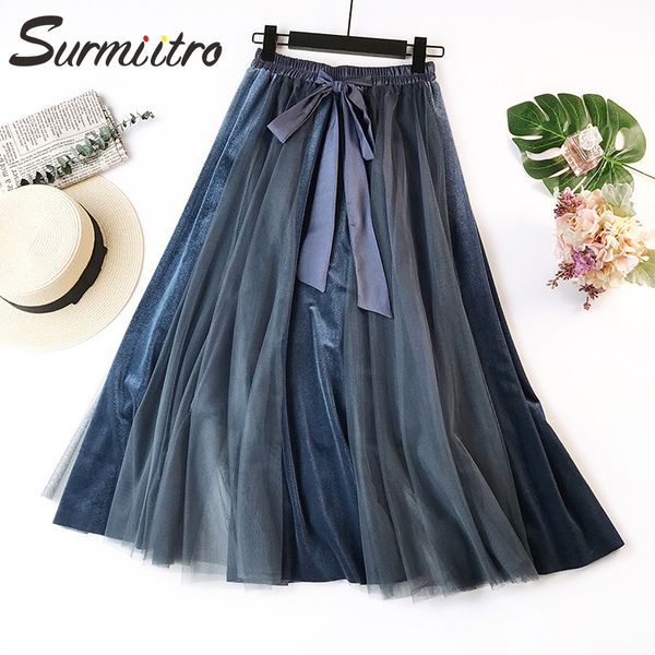 

surmiitro velvet and tulle skirt women 2019 autumn winter korean elegant high waist pleated skirt female long maxi a-line skirt, Black