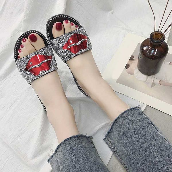 

summer ladies slippers fashion rhinestone sequin decoration crystal cute lips beach platform sandals women shoes, Black