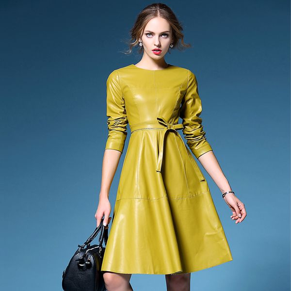 

women unique design pu leather runway dresses 2018 autumn winter new long sleeve big swing dress yellow black in stock