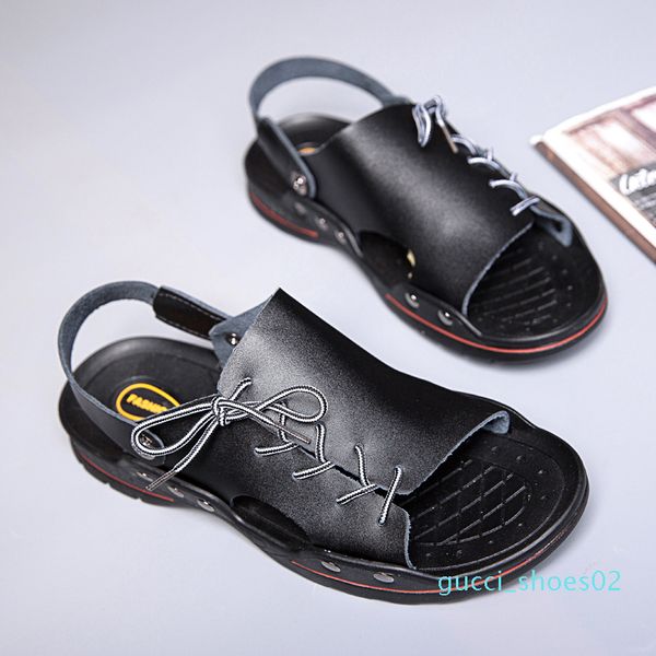 

leather men sandals outdooe fashion beach soft fisherman summer handmade sewing sandals men beach metal sandalias g2, Black