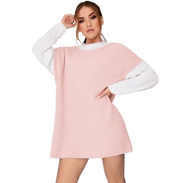 

fashion women knitted dress sweater contrast color long sleeve christmas dress women casual loose mini knitwear grey/pink, Black;gray