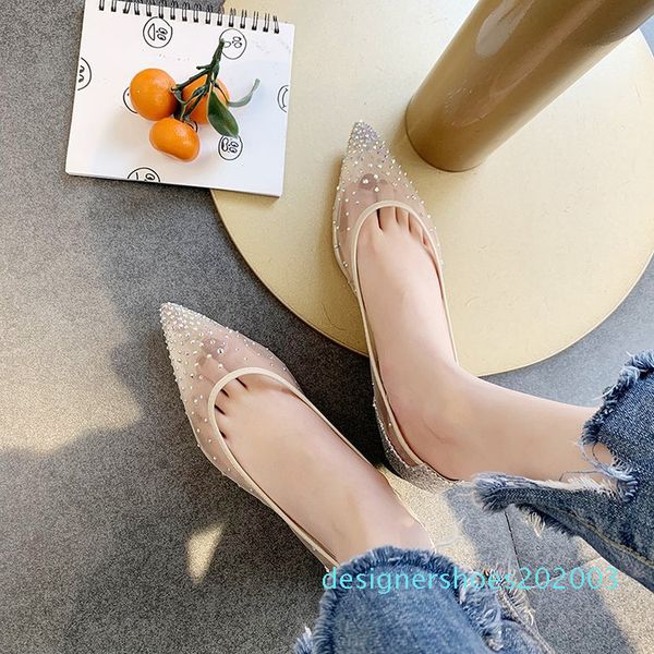 

2019 luxury rhinestone women loafers designer women crystals mesh prom ballet flats pump shoes ladies pointed toe beige wedding shoes d03, Black