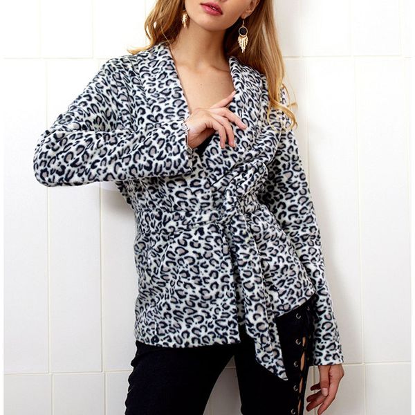 

belted leopard print coat women autumn winter stand collar long sleeve jackets women casual ladies runway coats female sj343s, Black;brown