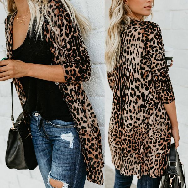 

new women's autumn leopard print jacket fashion cardigan long coat jacket long sleeve v-neck outwear s-xl, Black;brown
