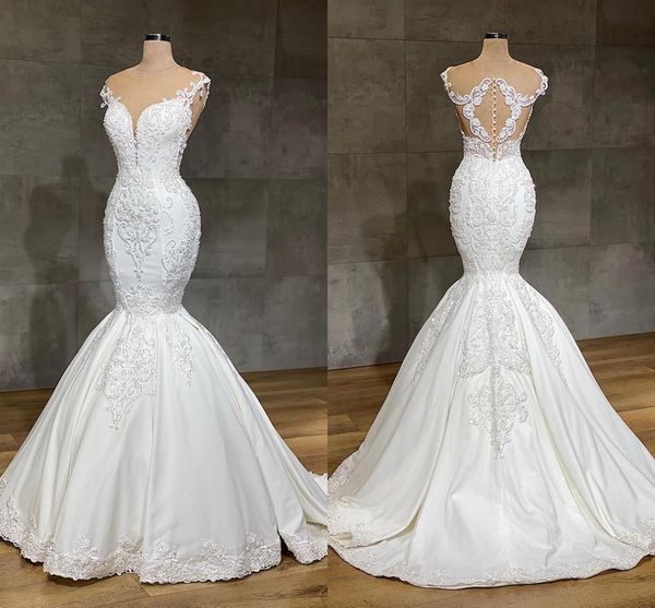 

luxurious mermaid lace wedding dresses jewel neck full lace appliqued crystal long cathedral train dress bridal gowns, White