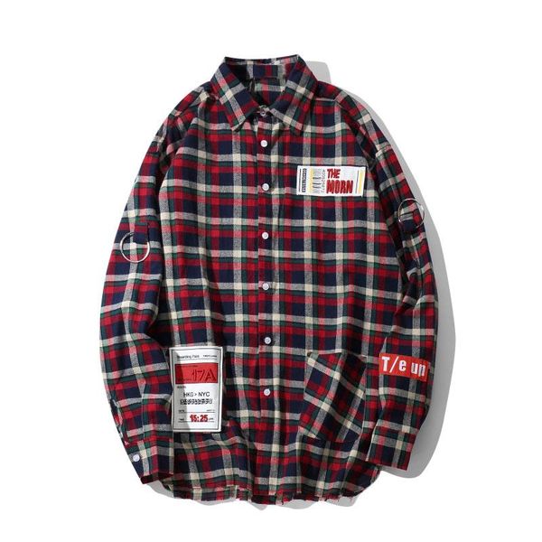 

hip hop plaid patchwork long sleeve shirts streetwear mens casual turn down 2019 cotton loose shirt streetwear