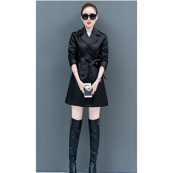 

2019 spring new long section leather women's windbreaker jacket fashion korean version of the wind skin coat tide a437, Black