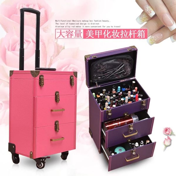 

new nail tattoo rolling luggage bag girls multifunction trolley suitcase women multilayer cosmetic case with wheel
