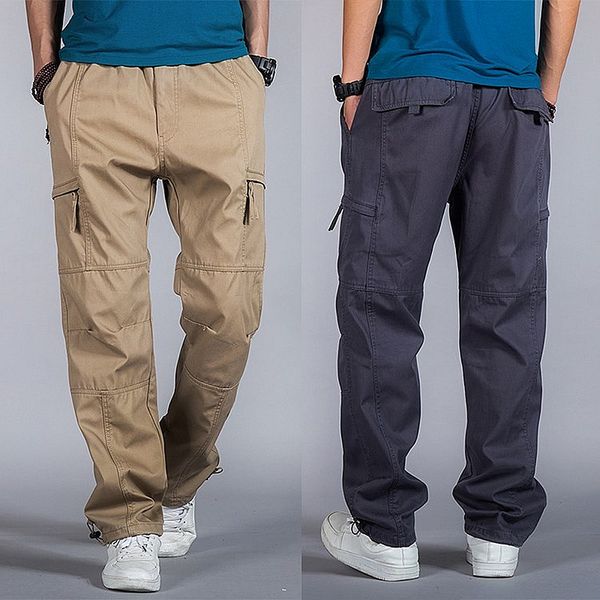 

big size casual men joggers pants 2018 summer loose wide cargo pants cotton jumpsuit elastic waist harem tactica trousers m-6xl, Black