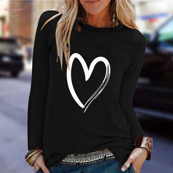 

tshirt womens heart print printed t-shirt summer long sleeve round neck casual basic t shirt harajuku camisas de moda mujer, White