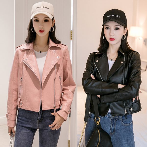 

2020 spring autumn new faux leather jacket women fashion korean slim plus cashmere thick motorcycle leather jacket women tide, Black